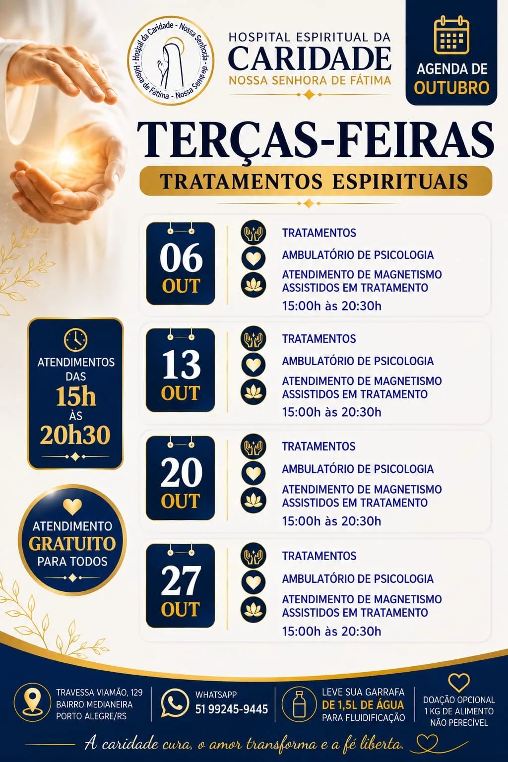 Agenda de octubre, martes 6, 13, 20 y 27, de 15 h a 20:30: consultorio de psicología y atención de magnetismo para quienes están en tratamiento. Atención gratuita.