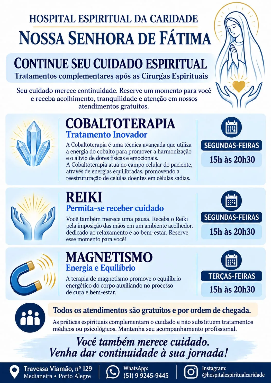 Cartaz dos tratamentos complementares: Cobaltoterapia, Reiki e Magnetismo
